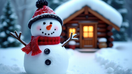 Wall Mural - Snowman in front of a cozy cabin