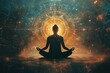 © Stanley - Silhouette of a person meditating peacefully amid a cosmic backdrop filled with vibrant energy and symbolic patterns