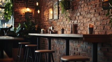 Wall Mural - Cozy interior of a café featuring brick walls and wooden seating.