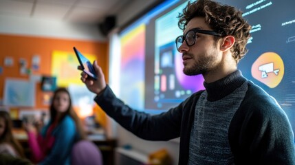 Poster - A young man presents in a classroom, engaging students with a smartphone and digital display.