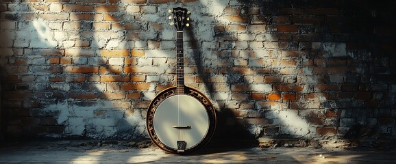 A vintage banjo leaning against a brick wall with sunlight streaming through a window.