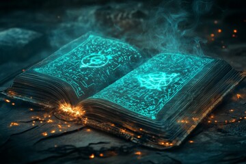 Wall Mural - Glowing Ancient Book with Magical Runes and Smoke