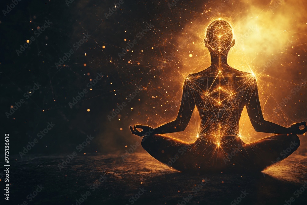 Silhouette of a person meditating peacefully amid a cosmic backdrop ...