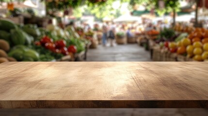 Poster - A wooden countertop in a vibrant market filled with fresh produce.