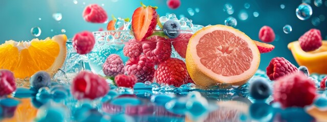 Wall Mural - Fresh Fruits Splashing into Water with Berries and Citrus