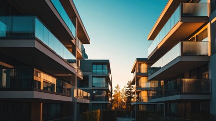 Modern apartment buildings framed by a clear sky at sunset.