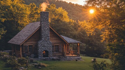 Canvas Print - A cozy cabin surrounded by nature at sunset, exuding warmth and tranquility.