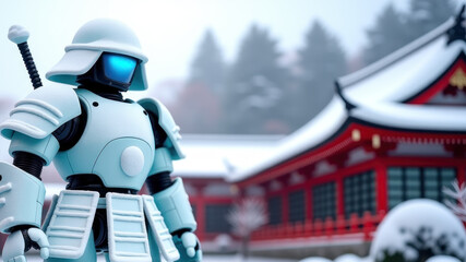 Wall Mural - Futuristic samurai robot against snowy Japanese landscape