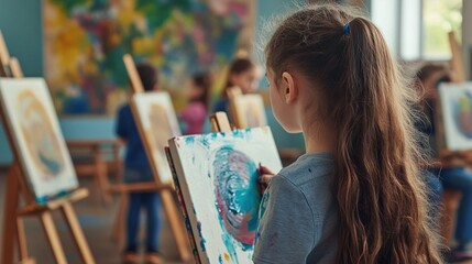 Sticker - A child painting in an art class, surrounded by peers working on their own canvases.