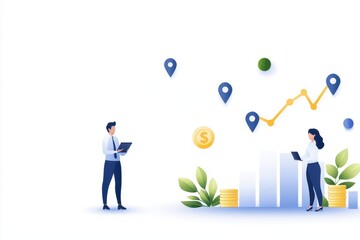 Poster - Business professionals analyzing financial growth with charts and graphs in a modern, clean design illustration.