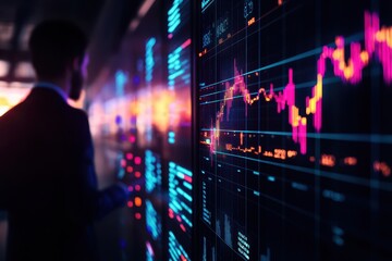 Leinwandbilder - Business person analyzing stock market data on digital screen with colorful financial graphs in modern office.