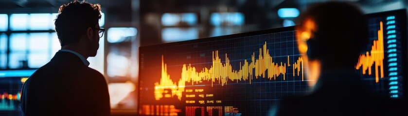 Poster - Business professionals analyzing financial data on digital screens in a modern office environment with dynamic indicator charts.