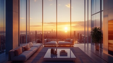 Wall Mural - Modern living room with panoramic city view at sunset.