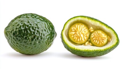 A green fruit, cut in half to reveal two segments with seeds and pulp.