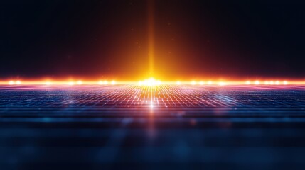 Leinwandbilder - Futuristic technology background with digital light horizon, glowing lines, and grid, representing innovation and nanotechnology progress.