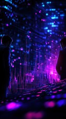 Poster - Futuristic technology interface with people silhouettes and neon lights, representing data science and digital networking.
