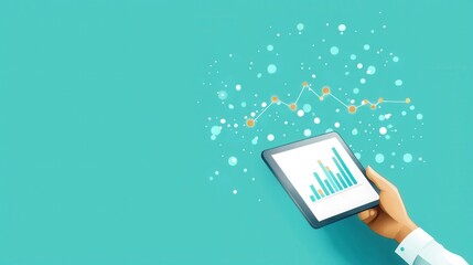 Poster - Hand holding tablet with digital data graph on turquoise background, representing analytics, technology, business growth, and information visualization.