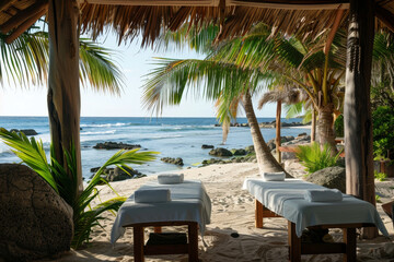 Sticker - Two massage tables are set up on a beach near the ocean