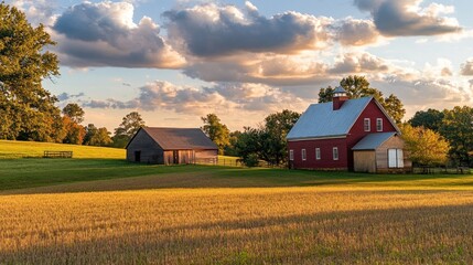 Sticker - A serene farm landscape featuring a red barn and a wooden shed under a cloudy sky.