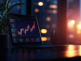 Laptop showing stock market chart in dimly lit office with city lights in the background, symbolizing finance and technology.