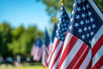 CloseUp of American Flags with Blue Sky Background Patriotic Symbolism with generative ai