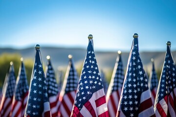 CloseUp of American Flags with Blue Sky Background Patriotic Symbolism with generative ai