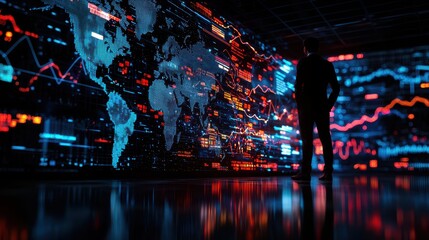 Leinwandbilder - Silhouetted figure observing a large digital world map with data visualization of global financial statistics and charts.