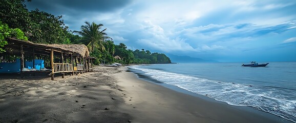 Wall Mural - Tropical beach with a wooden hut and a boat in the distance.