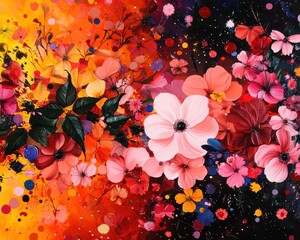 Poster - Vibrant abstract floral painting with colorful flowers on a lively, dynamic background blending vivid hues of red, pink, yellow, and orange.