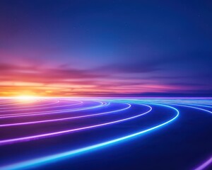 Fototapete - Vibrant abstract sunset with glowing neon light trails against a colorful sky, depicting futuristic and dynamic landscape.