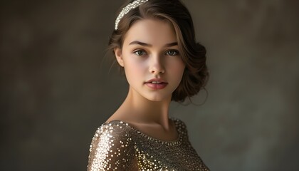 Glamorous portrait of a young woman in a shimmering sequined dress showcasing festive elegance and captivating beauty