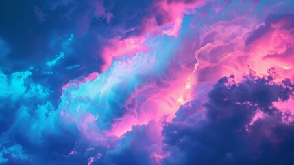 Fototapete - Neon blue and pink lights reflect off swirling cloud patterns, creating a dreamy and colorful display in the night sky. Close-up photo with clean background