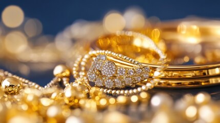 Elegant Golden Jewelry Collection on Sparkling Background