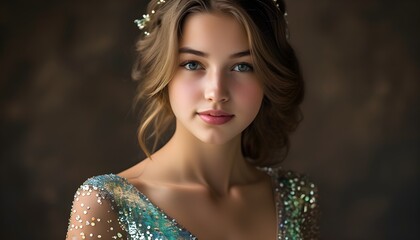 Glamorous portrait of a young woman in a shimmering sequined dress showcasing festive elegance and captivating beauty