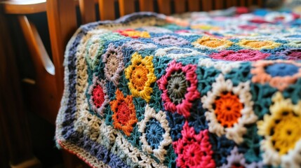 Colorful Crochet Blanket on Wooden Surface