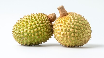 Two spiky, green durian fruits on a white background.