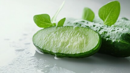 A fresh cucumber slice with droplets and leaves, highlighting its natural beauty.