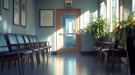 Canvas Print - A waiting area with chairs, plants, and a door, suggesting a calm, professional environment.