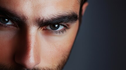 Wall Mural - Close-up of a young man's intense gaze with striking blue eyes and dark facial features against a softly lit background