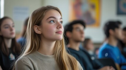 Sticker - A young woman attentively listening in a classroom setting, surrounded by peers.