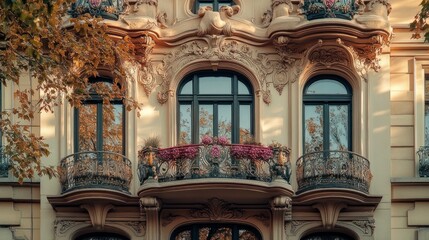 Wall Mural - Elegant architectural facade adorned with floral balconies and intricate details.