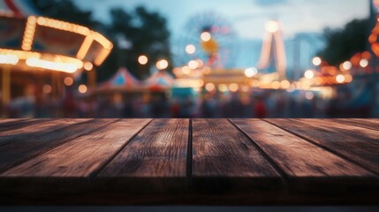 Poster - A blurred carnival scene with a wooden table in the foreground.