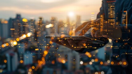 Sticker - A person is holding a tablet in front of a city skyline