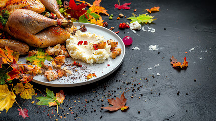 Wall Mural - A beautifully arranged plate featuring roasted turkey, creamy mash, and colorful autumn leaves, perfect for seasonal celebrations.