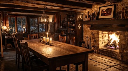 Wall Mural - A cozy, rustic dining room with a warm fireplace and candlelight ambiance.