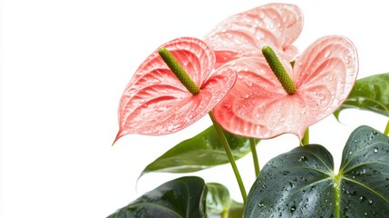 Two vibrant pink anthurium flowers with raindrops on green leaves against a white background.