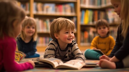 Poster - Children engaged in a reading activity in a library, promoting literacy and learning.