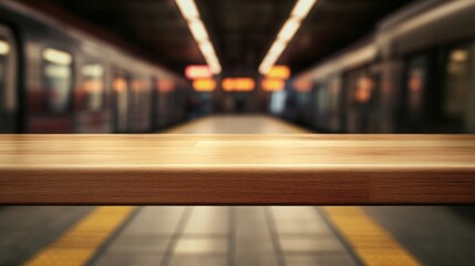 A blurred view of a subway station platform with a wooden surface in focus.