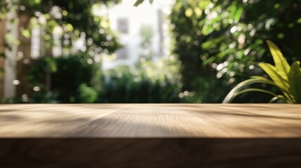 Canvas Print - A blurred outdoor scene with a wooden tabletop in focus, surrounded by lush greenery.