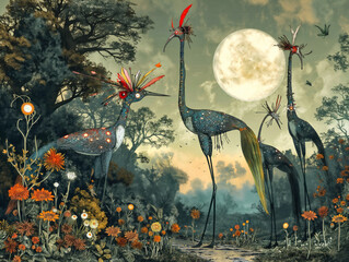 Three birds with long necks stand in a field of flowers. The sky is cloudy and the moon is visible in the background